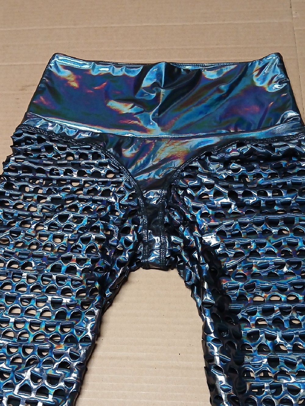 Silver Oil Slick Holographic Effect See-Through Cut-Out Pattern Rave Leggings M - Picture 3 of 9